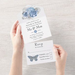 Pastel Blue en Silver Roos Wedding All In One Uitnodiging