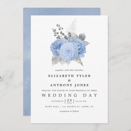 Pastel Blue en Silver  Roos Wedding Kaart (Voorkant / Achterkant)