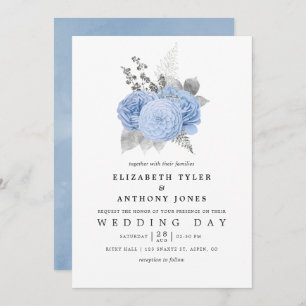 Pastel Blue en Silver Roos Wedding Kaart
