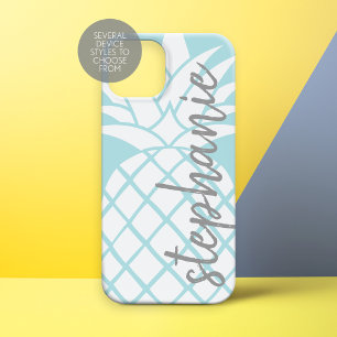 Pastel Blue en White Trendy Pineappel met naam Case-Mate iPhone 14 Hoesje