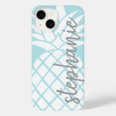 Pastel Blue en White Trendy Pineappel met naam Case-Mate iPhone Case (Achterkant)