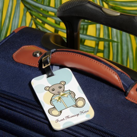 Pastel Blue en Yellow Cute Teddy Bear Bagagelabel (Voorkant Insitu 1)