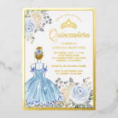Pastel Blue Floral Dress Princess Quinceanera Gold Folie Uitnodiging (Voorkant)