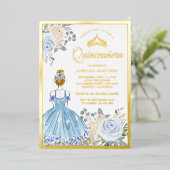 Pastel Blue Floral Dress Princess Quinceanera Gold Folie Uitnodiging (Staand Voorkant)