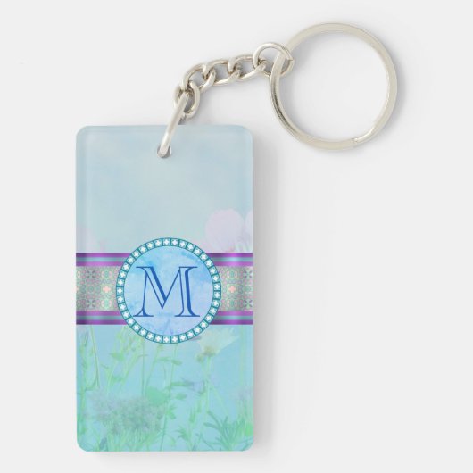 Pastel Blue Floral Monogram Sleutelhanger (achterkant)