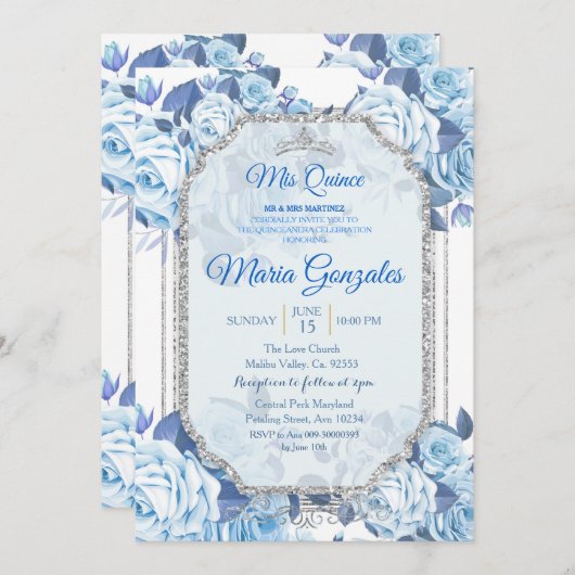 Pastel Blue Floral Rozen Mis Quince Uitnodiging (Voorkant / Achterkant)