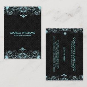 Pastel Blue Floral Swirls Black Background Visitekaartje