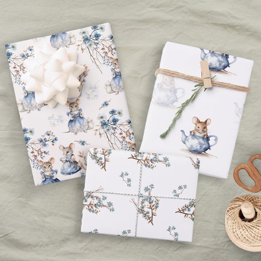 Pastel Blue Floral Tea Muizen Inpakpapier Vel