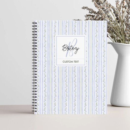 Pastel Blue Flowers and Stripes Coquette Monogram  Notitieboek