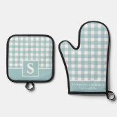 Pastel Blue Gingham Plaid geruit monogram Ovenwant & Pannenlap Set (Voorkant)