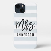 Pastel Blue-Grey Stripe New Mrs Bride iPhone Hoesje (Achterkant)