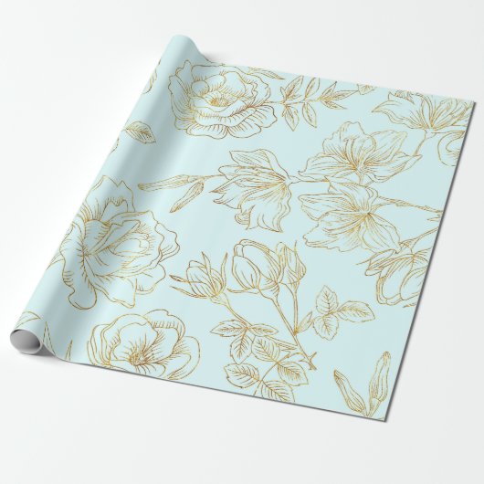 Pastel Blue, met gouden Rozen. Cadeaupapier (Uitgerold)