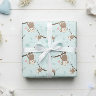 Pastel Blue Monkey Valentine Wrapping Paper Cadeaupapier