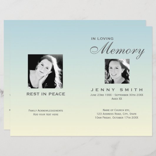 Pastel Blue Ombré Order of Service Funeral Program (Voorkant / Achterkant)