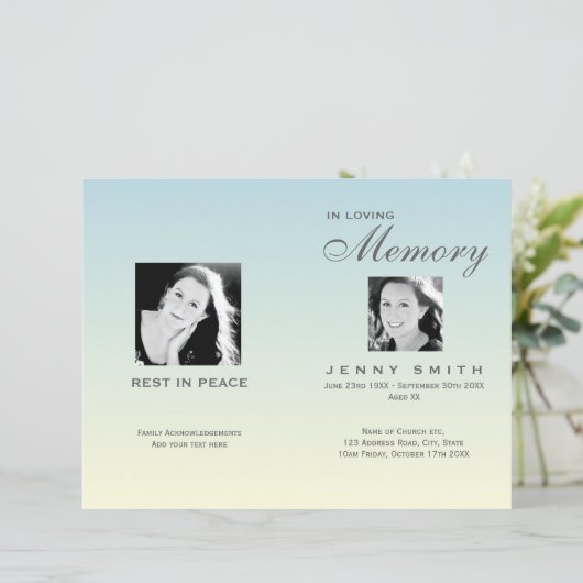 Pastel Blue Ombré Order of Service Funeral Program (Staand voorkant)