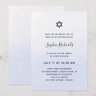 Pastel Blue Ombre Waterverf Bat Mitzvah Kaart