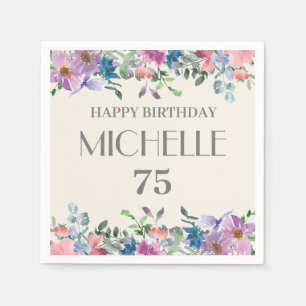 Pastel Blue Paars Pink Floral 75th Birthday Women Servet