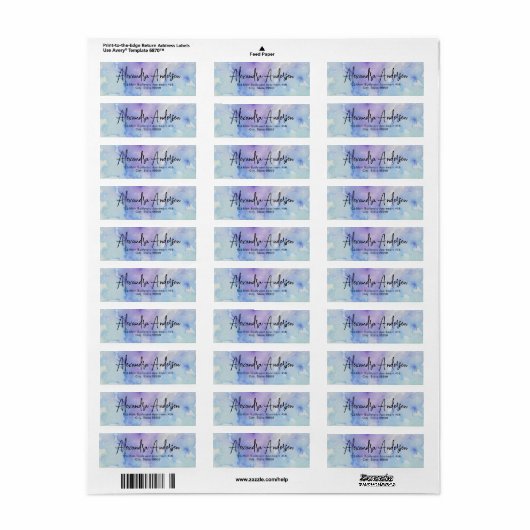 Pastel Blue Paars Waterverf modern Script Label (Full Sheet)