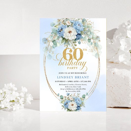 Pastel Blue Peonies Gold 60th Birthday Invitation