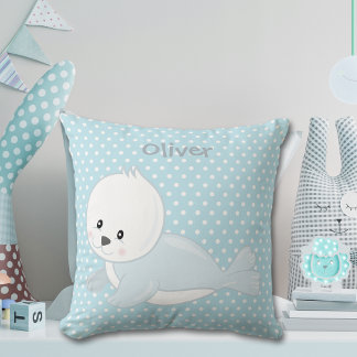 Pastel Blue Polka-Dot Baby Arctic Seal Monogram Kussen