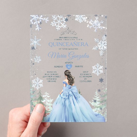 Pastel Blue Princess Winter Forest Quinceañera Acryl Uitnodigingen (Insitu (Draagbaar))