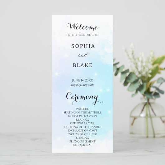 Pastel Blue & Purple Sparkling Wedding Programme (Debout devant)