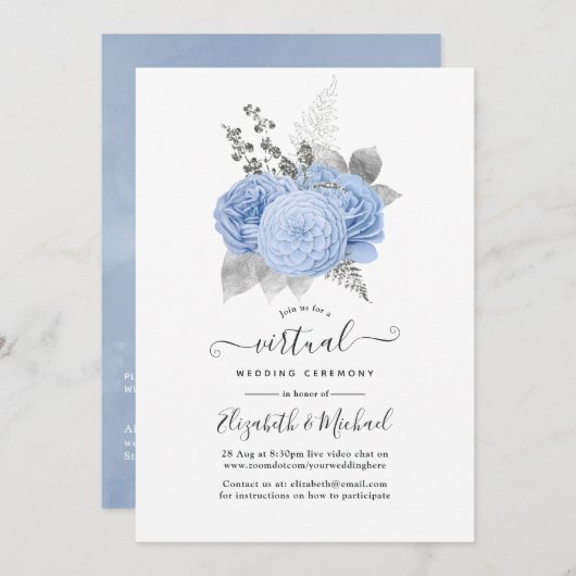 Pastel Blue & Silver  Roos Virtual Weddenschap Kaart (Voorkant / Achterkant)