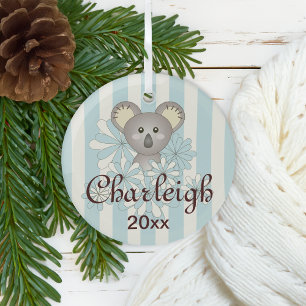 Pastel Blue Stripe Cute Baby Koala Kinder Glas Ornament