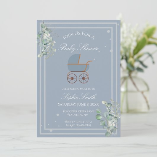 Pastel Blue Stripes Baby Carriage Baby Shower Kaart (Staand voorkant)