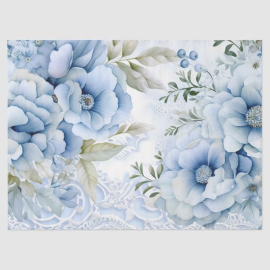 Pastel Blue Victorian Florals & Lace Decoupage Tissuepapier (Voorkant)
