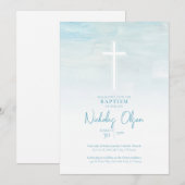 Pastel Blue Watercolor Baby Boy Baptism Invitation (Devant / Derrière)
