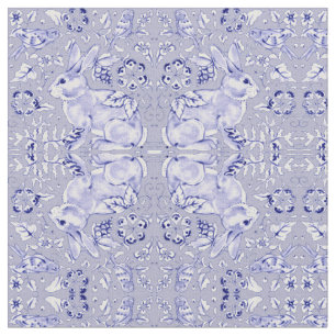 Pastel Blue & White Bunny Rabbit Bird Print Stof