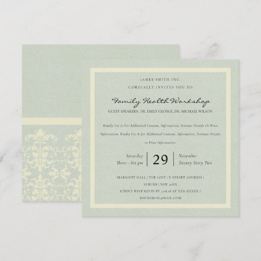 PASTEL BLUE WHITE DAMASK CLASSIC WORKSHOP EVENT KAART (Voorkant / Achterkant)