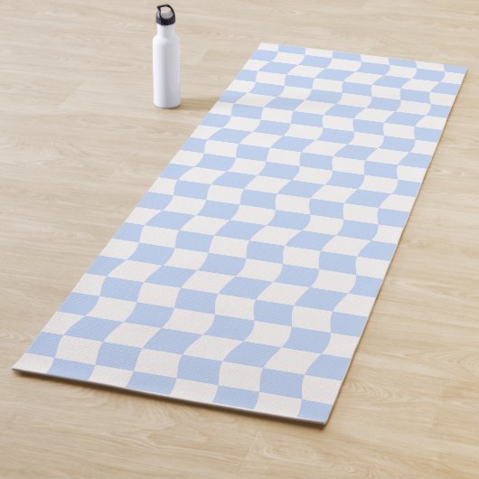 Pastel Blue White Wavy Checkerboard Pattern Yogamat (In situ)