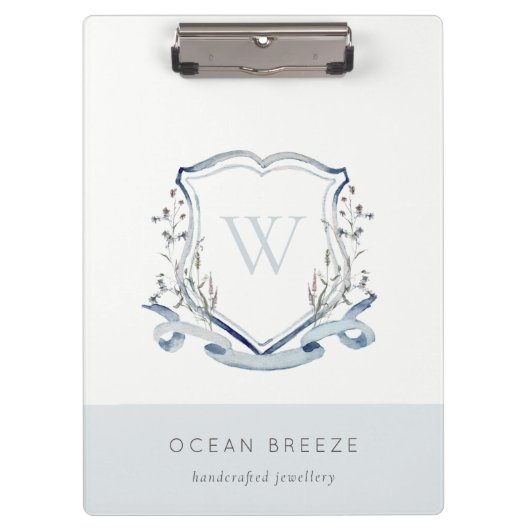 Pastel Blue Wilde Waterverf Crest Monogram Klembord (Voorkant)