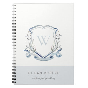 Pastel Blue Wilde Waterverf Crest Monogram Notitieboek