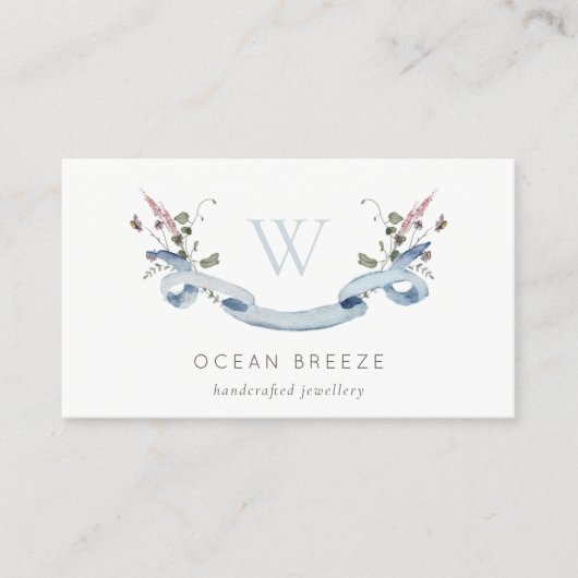 Pastel Blue Willem Waterverf Ribbon Monogram Visitekaartje (Voorkant)