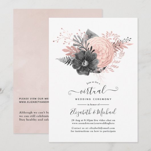 Pastel Blush en Charcoal Floral Virtual Wedding Kaart (Voorkant / Achterkant)