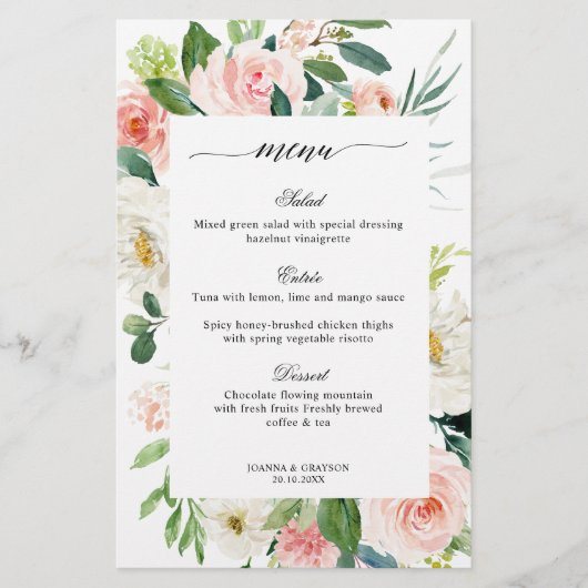 Pastel Blush  Floral Botanical WeddenMenu (Voorkant)