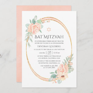 Pastel Blush Floral Geometric Bat Mitzvah Kaart