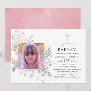 Pastel Blush Greenery Baptism of Christening Kaart
