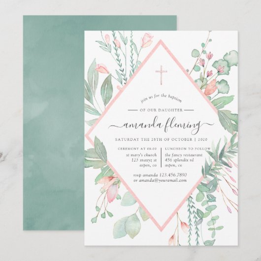 Pastel Blush Greenery Baptism of Christening Kaart (Voorkant / Achterkant)