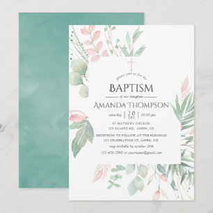 Pastel Blush Greenery Baptism of Christening Kaart
