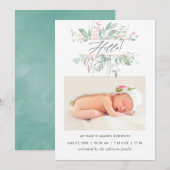 Pastel Blush Greenery Birth Announcement Kaart (Voorkant / Achterkant)
