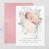 Pastel Blush Greenery Birth Announcement Kaart (Voorkant / Achterkant)