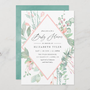 Pastel Blush Greenery Geometric Baby shower Kaart