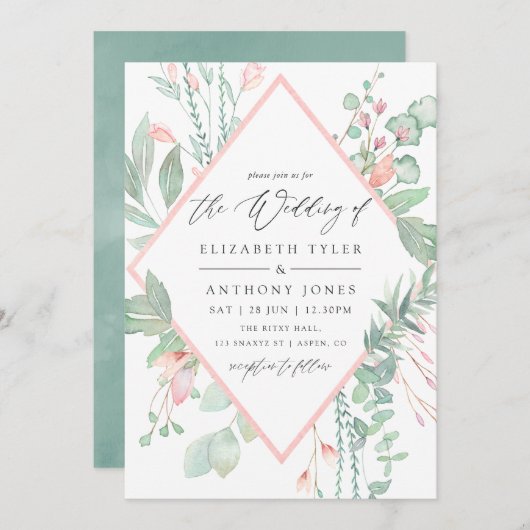 Pastel Blush Greenery Geometric Wedding Kaart (Voorkant / Achterkant)