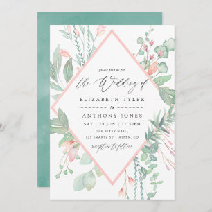 Pastel Blush Greenery Geometric Wedding Kaart