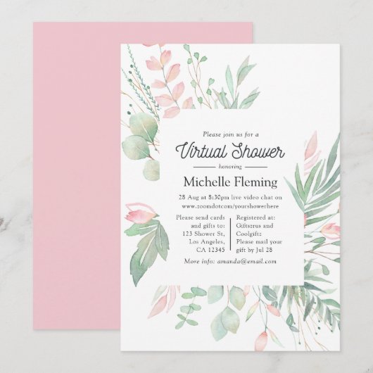 Pastel Blush Greenery Virtual Baby shower Kaart (Voorkant / Achterkant)