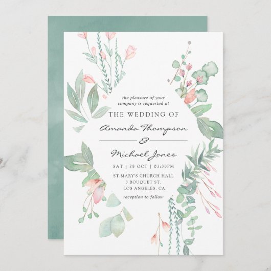 Pastel Blush Greenery Wedding Kaart (Voorkant / Achterkant)